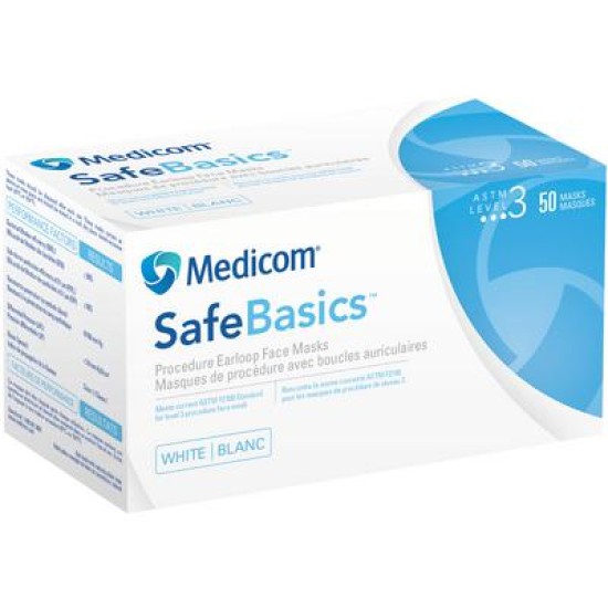 SafeBasics Earloop Procedure Masks ASTM Level 3, 50/Box white