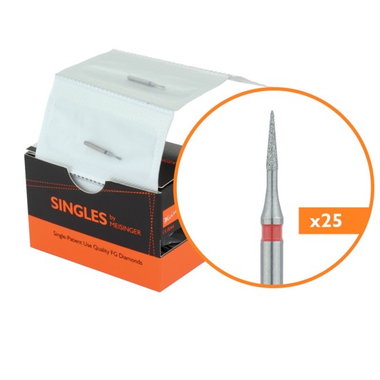 Single Use Diamond Bur, Sterile Packed, 25pk, 0.8mm Tapered Point, Needle, 3mm Working Length, Fine Grit, SS