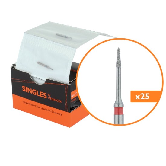 Single Use Diamond Bur, Sterile Packed, 25pk, 0.8mm Tapered Point, Needle, 3mm Working Length, Fine Grit, FG