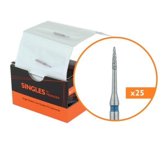 Single Use Diamond Bur, Sterile Packed, 25pk, 0.8mm Tapered Point, Needle, 3mm Working Length, Medium Grit, FG 