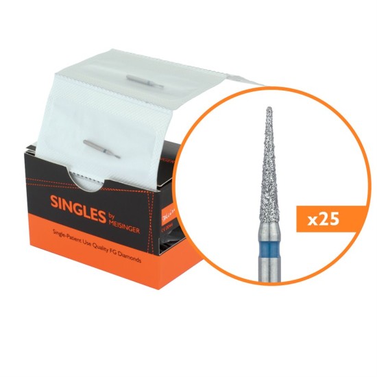 Single Use Diamond Bur, Sterile Packed, 25pk, 1.4 mm Tapered Point, Needle, 8mm Working Length, Medium Grit, FG