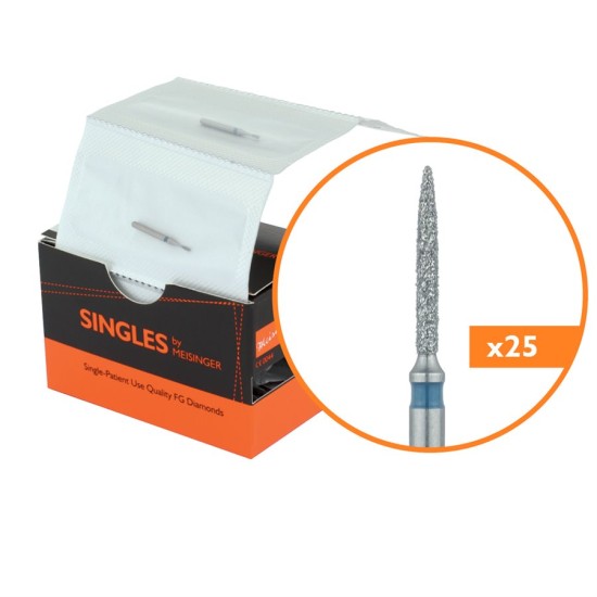 Single Use Diamond Bur, Sterile Packed, 25pk, 1mm Flame, 8mm Working Length, Medium Grit, FG