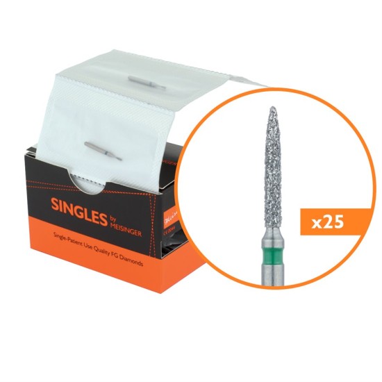 Single Use Diamond Bur, Sterile Packed, 25pk, 1.2mm Flame, 6mm Working Length, Coarse Grit, SS