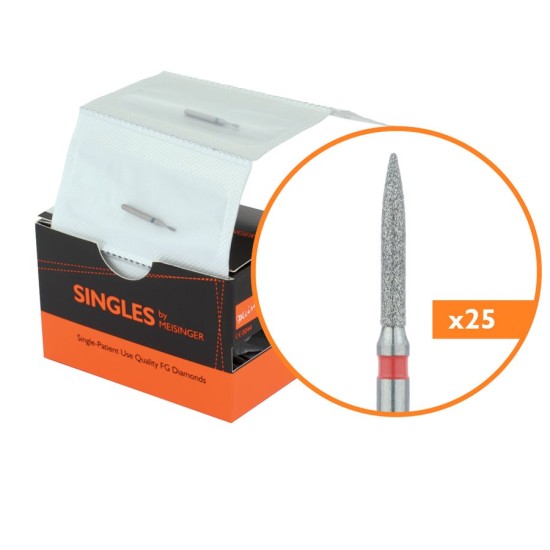 Single Use Diamond Bur, Sterile Packed, 25pk, 1.2mm Flame, 8mm Working Length, Fine Grit, FG