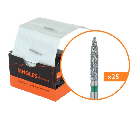 Single Use Diamond Bur, Sterile Packed, 25pk, 1.6mm Flame, 8mm Working Length, Coarse Grit, FG