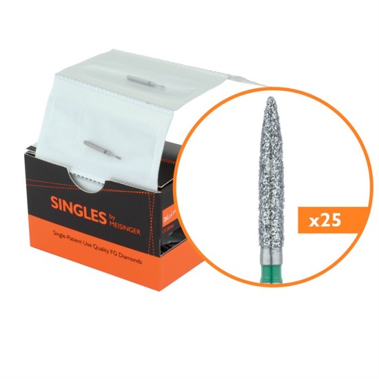 Single Use Diamond Bur, Sterile Packed, 25pk, 1.8mm Flame, 10mm Working Length, Coarse Grit, FG