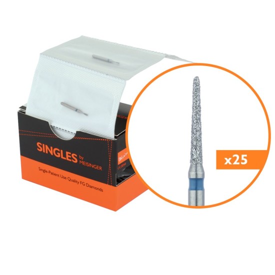 Single Use Diamond Bur, Sterile Packed, 25pk, 1.2mm Torpedo, Tapered, 8mm Working Length, Medium Grit, FG