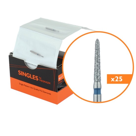 Single Use Diamond Bur, Sterile Packed, 25pk, 1.4mm Torpedo, Tapered, 8mm Working Length, Medium Grit, FG