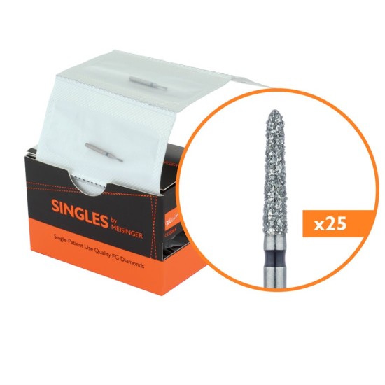 Single Use Diamond Bur, Sterile Packed, 25pk, 1.8mm Torpedo, Tapered, 8mm Working Length, Super Coarse Grit, FG