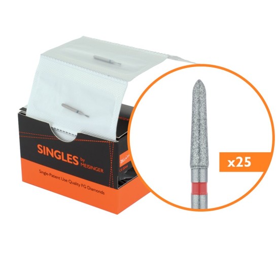 Single Use Diamond Bur, Sterile Packed, 25pk, 1.8mm Torpedo, Tapered, 8mm Working Length, Fine Grit, FG