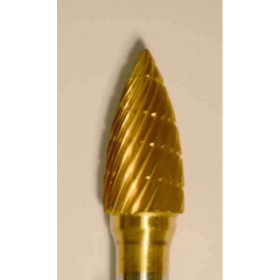 Buffalo Dental Gold Cap 3/8" Flame (C3/8) TNT-Coated Dual Cut Regular Carbide Bur w/ 1/4" Shank