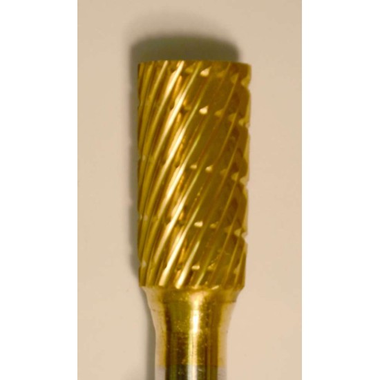 Buffalo Dental Gold Cap 3/8" Cylinder (E3/8) TNT-Coated Dual Cut Regular Carbide Bur w/ 1/4" Shank