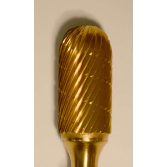 Buffalo Dental Gold Cap Barrel 1/2" TNT-Coated Dual Cut Regular Carbide Bur w/ 1/4" Shank