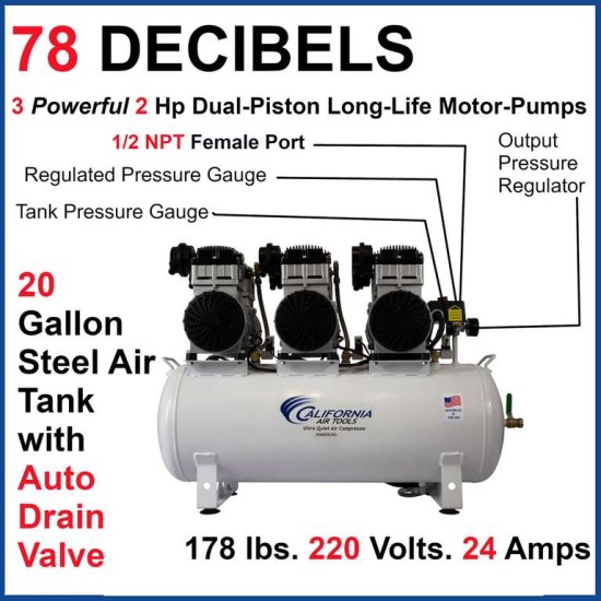 Powerful 6.0 Hp Ultra Quiet, Ultra Dry & Oil-Free Air Compressor with 98% Air Drying System