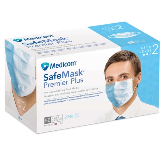 Safe+Mask Premier Plus EL Blue Level 2 50/Bx  Medicom -Made in USA