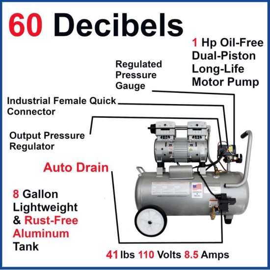 Ultra Quiet, Oil-Free, Lightweight Aluminum Air Compressor with Automatic Drain Valve