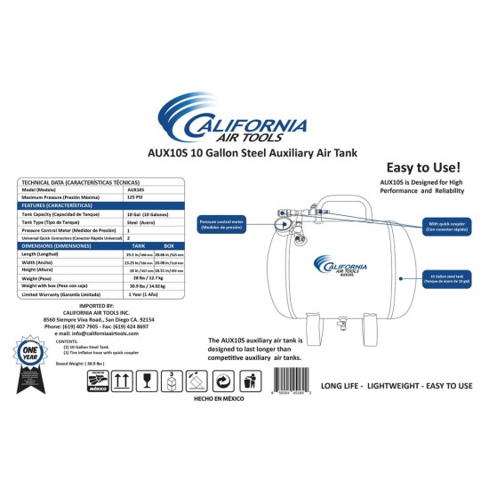 AUX10S 10 Gallon Steel Portable Auxiliary Air Tank