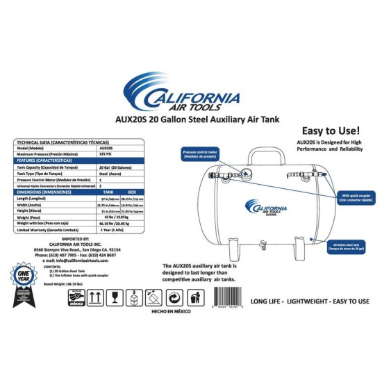 AUX20S 20 Gallon Steel Portable Auxiliary Air Tank